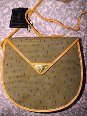 Yves Saint Laurent Olive Woven Crossbody with Yellow Trim